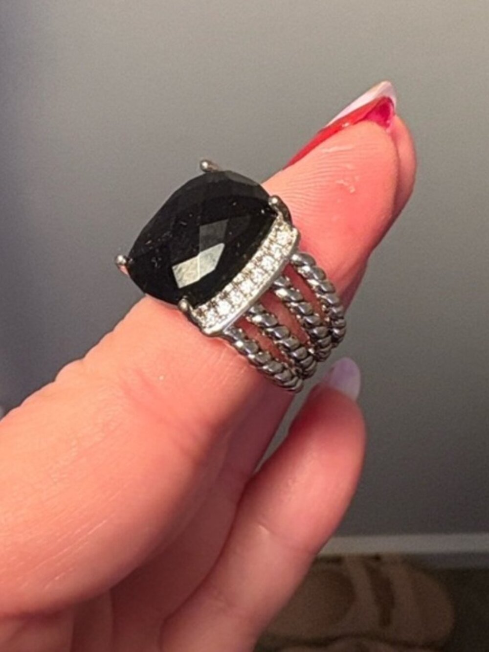 David Yurman Silver Multi-Rope Ring with Black Cushion Stone sz8